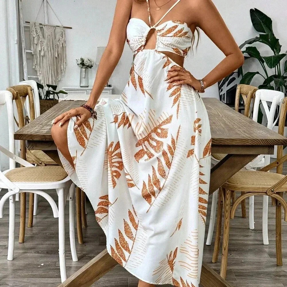 Multicolor Boho Women's Tropical Hollow Out Backless Halter Maxi Beach Dress - Picture 3 of 5